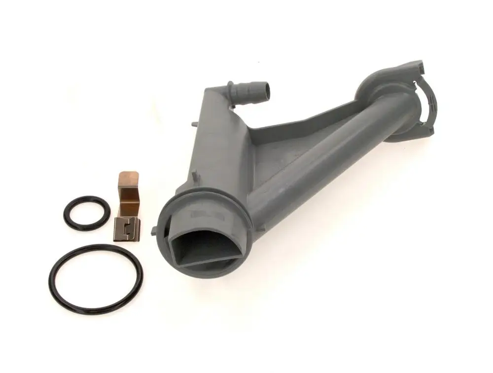 Grauer Kunststoffsiphon von Bosch mit zwei Dichtungsringen, einer Halterung und einem Anschluss für einen Schlauch.